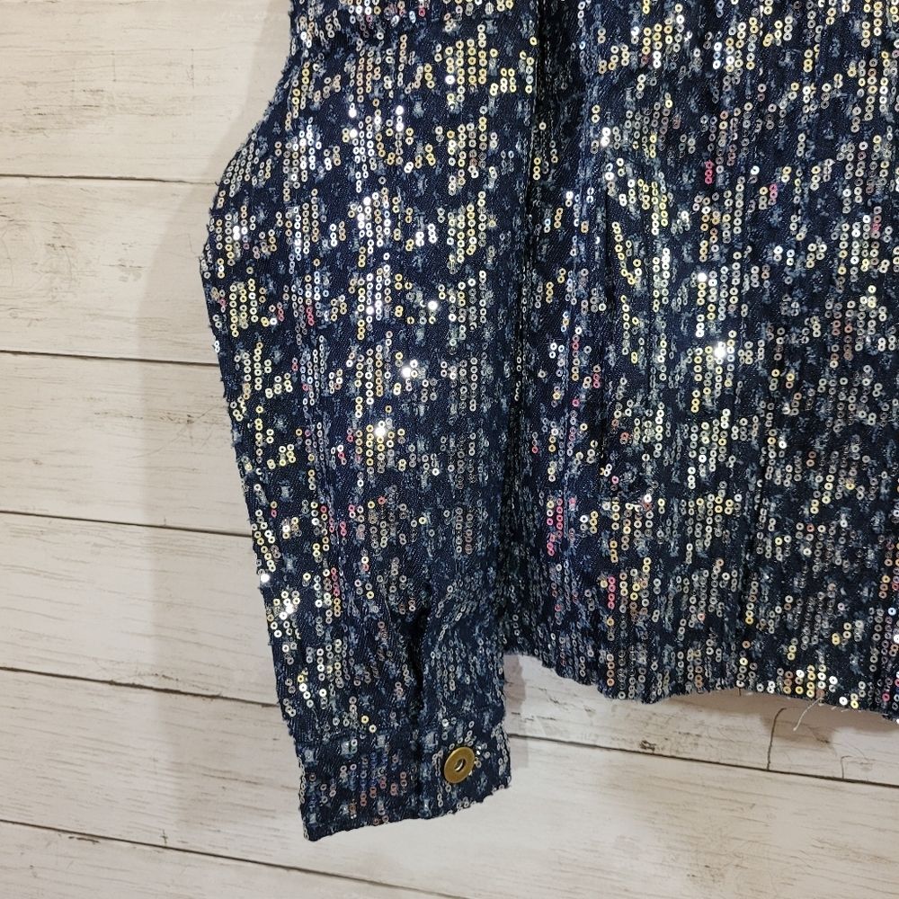 Boutique Denim Blue Jacket Silver Sequin Embellished Brass Button Raw Hem Sz XS - Picture 10 of 12